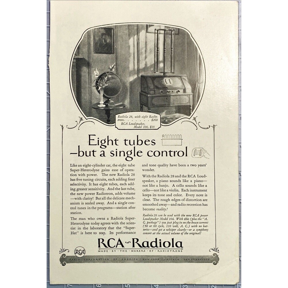 RCA Radiola "Eight tubes-but a Single Control" Vintage Print Ad 1926